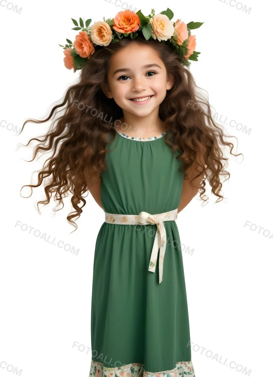 3d Model A Young Girl With Long Curly Brown Hair Adorned With A Floral Crown She Has Large Expressive Brown Eyes And A Cheerful Smile She Is Wearing A Long Green Dress With A White Belt And Floral Patterns Along The 64 Dc35