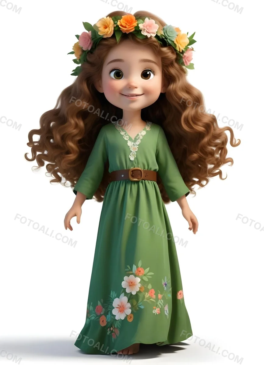 3d Model A Young Girl With Long Curly Brown Hair Adorned With A Floral Crown She Has Large Expressive Brown Eyes And A Cheerful Smile She Is Wearing A Long Green Dress With A White Belt And Floral Patterns Along The 66 Ebe6