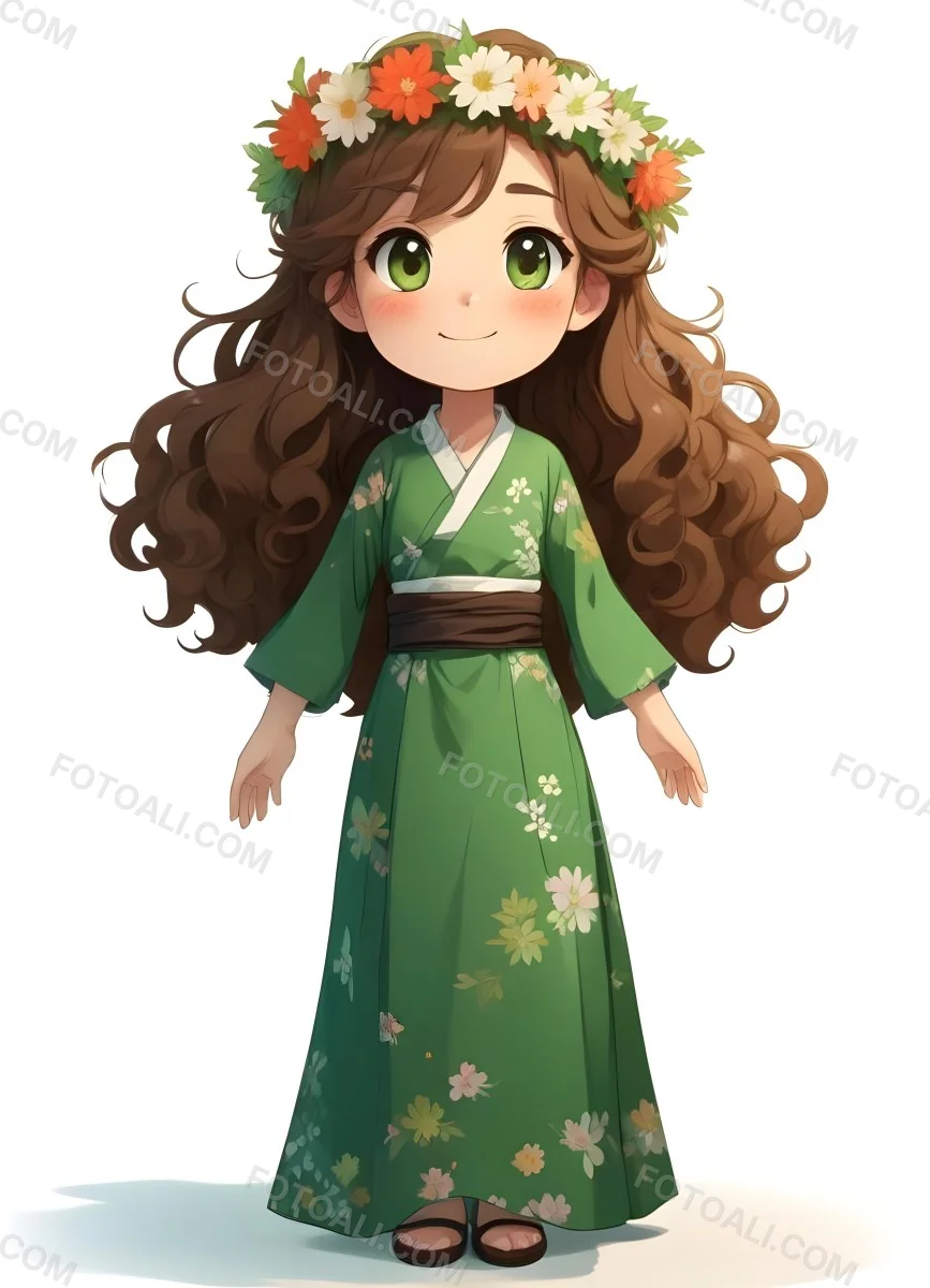 3d Model A Young Girl With Long Curly Brown Hair Adorned With A Floral Crown She Has Large Expressive Brown Eyes And A Cheerful Smile She Is Wearing A Long Green Dress With A White Belt And Floral Patterns Along The 7 0be8