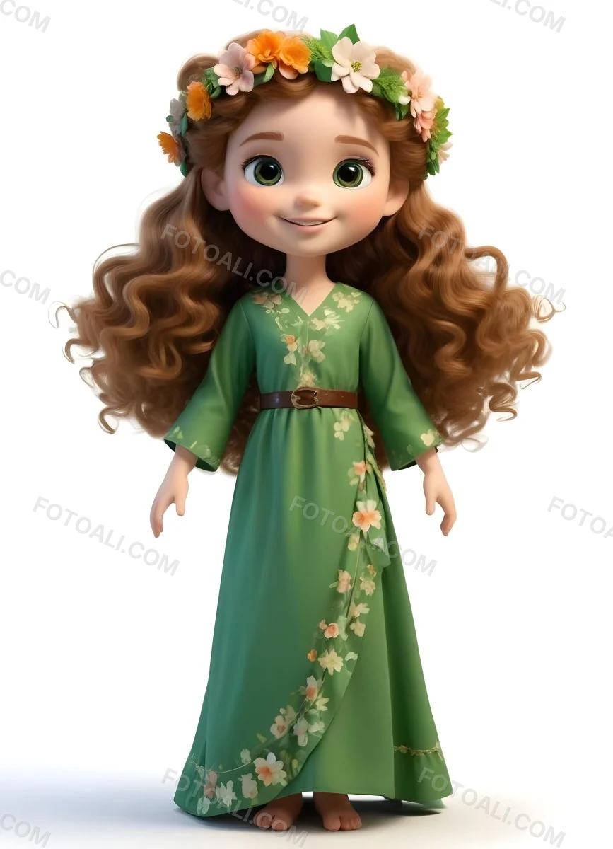 3d Model A Young Girl With Long Curly Brown Hair Adorned With A Floral Crown She Has Large Expressive Brown Eyes And A Cheerful Smile She Is Wearing A Long Green Dress With A White Belt And Floral Patterns Along The 70 369c