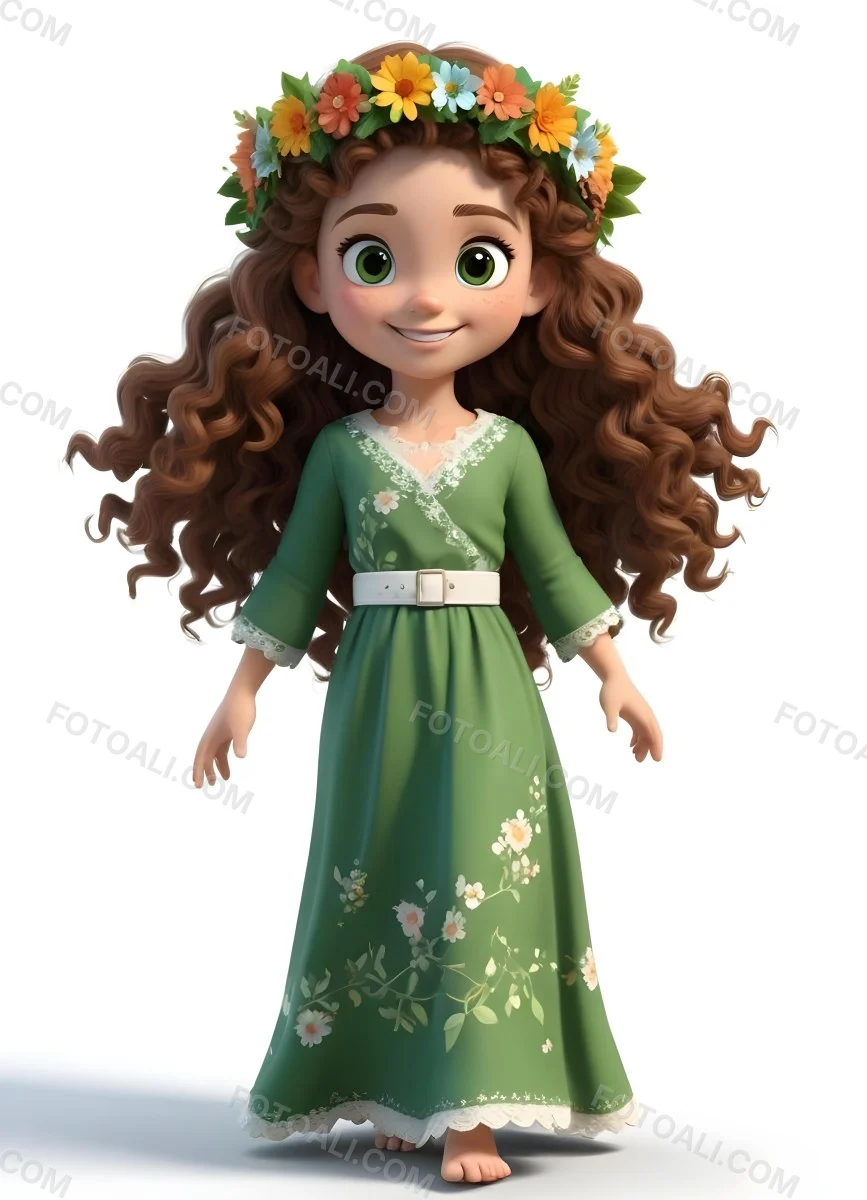 3d Model A Young Girl With Long Curly Brown Hair Adorned With A Floral Crown She Has Large Expressive Brown Eyes And A Cheerful Smile She Is Wearing A Long Green Dress With A White Belt And Floral Patterns Along The 71 3882