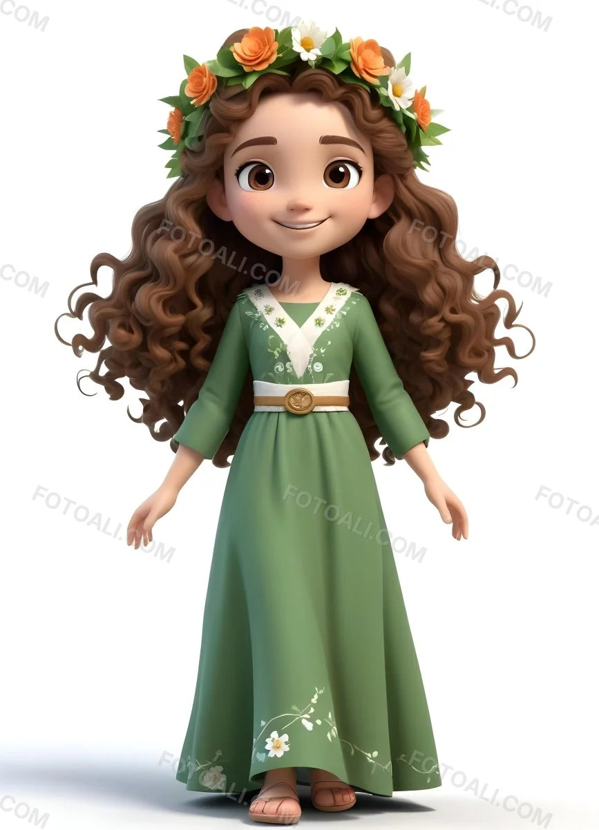 3d Model A Young Girl With Long Curly Brown Hair Adorned With A Floral Crown She Has Large Expressive Brown Eyes And A Cheerful Smile She Is Wearing A Long Green Dress With A White Belt And Floral Patterns Along The 72 D1d6