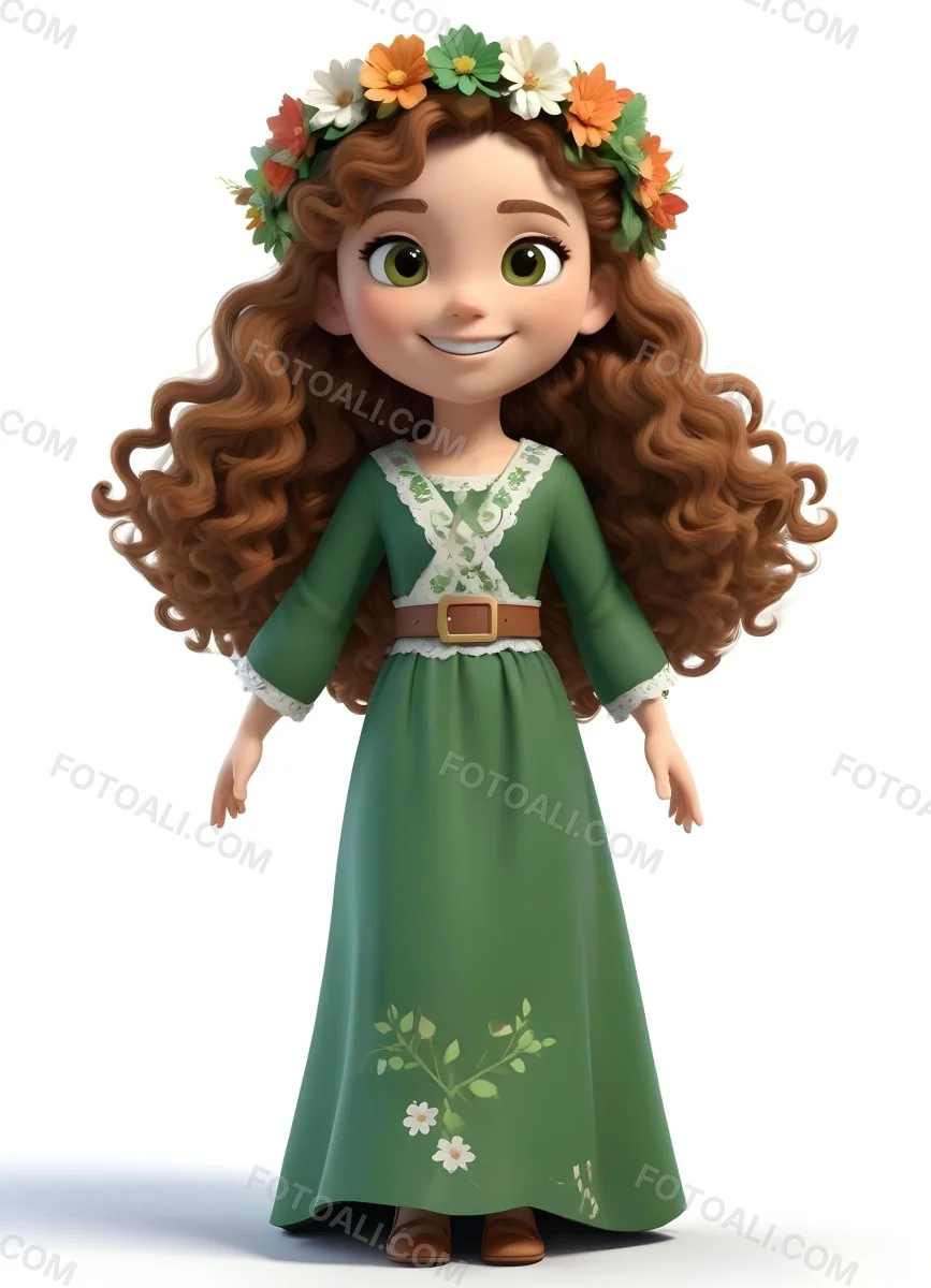 3d Model A Young Girl With Long Curly Brown Hair Adorned With A Floral Crown She Has Large Expressive Brown Eyes And A Cheerful Smile She Is Wearing A Long Green Dress With A White Belt And Floral Patterns Along The 75 Dce4