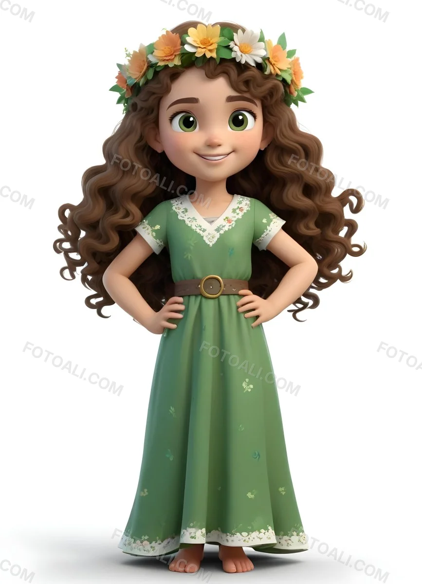 3d Model A Young Girl With Long Curly Brown Hair Adorned With A Floral Crown She Has Large Expressive Brown Eyes And A Cheerful Smile She Is Wearing A Long Green Dress With A White Belt And Floral Patterns Along The 76 32a7