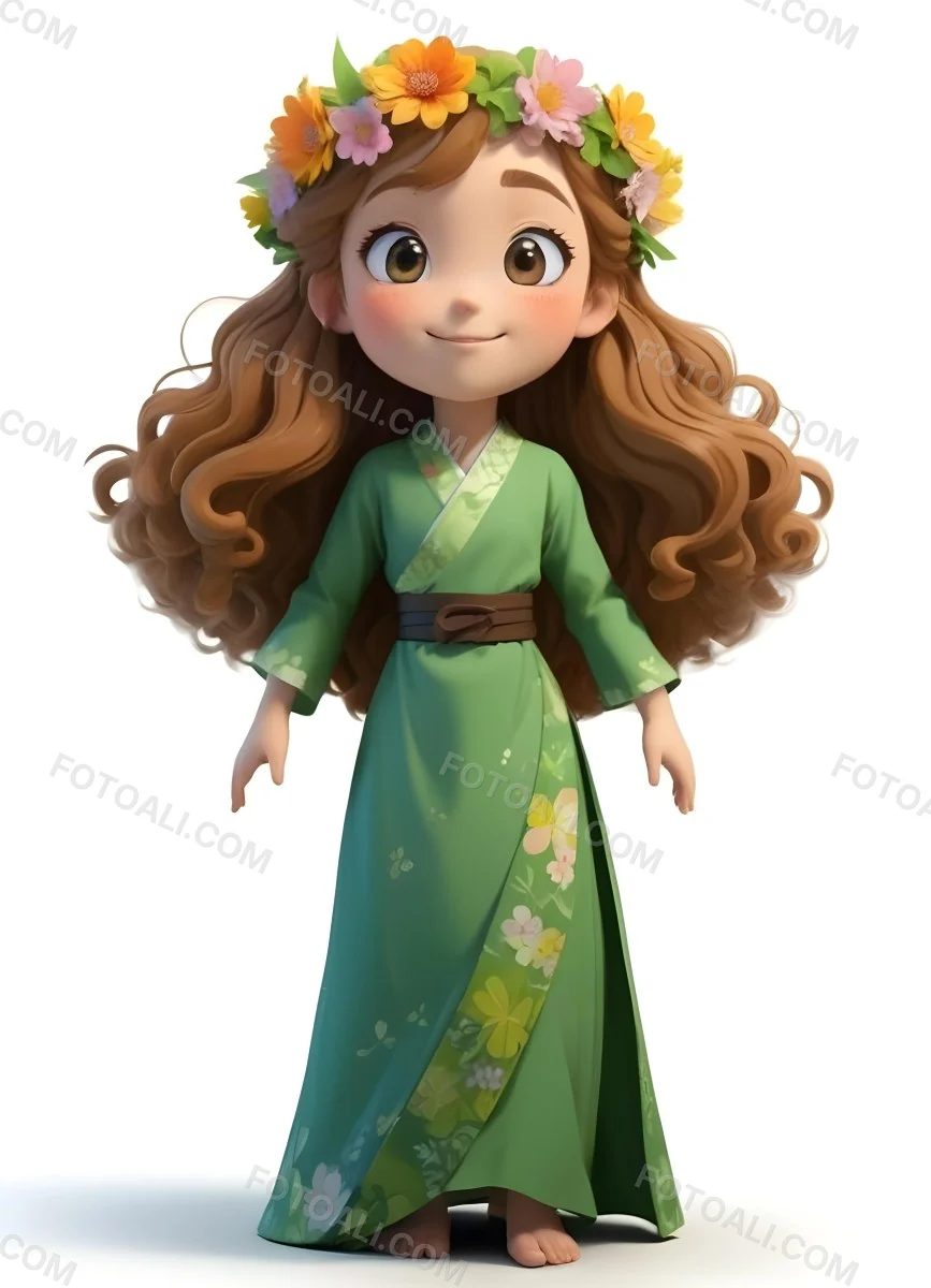 3d Model A Young Girl With Long Curly Brown Hair Adorned With A Floral Crown She Has Large Expressive Brown Eyes And A Cheerful Smile She Is Wearing A Long Green Dress With A White Belt And Floral Patterns Along The 8 4131