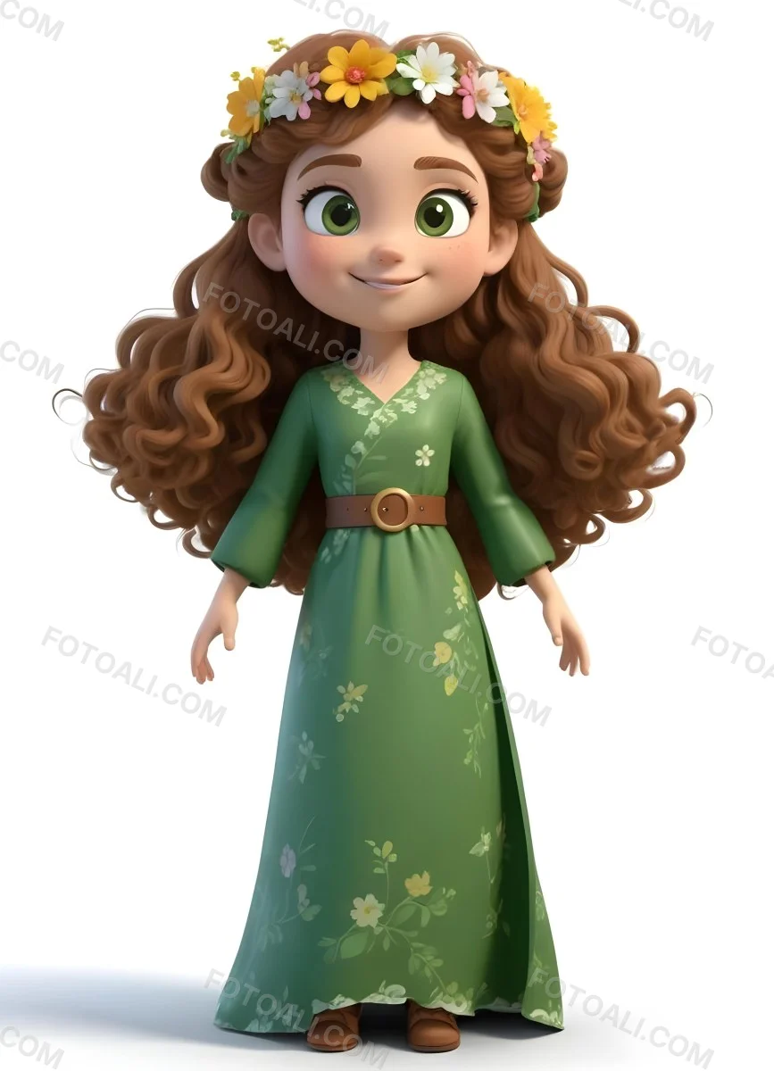 3d Model A Young Girl With Long Curly Brown Hair Adorned With A Floral Crown She Has Large Expressive Brown Eyes And A Cheerful Smile She Is Wearing A Long Green Dress With A White Belt And Floral Patterns Along The 81 1e53