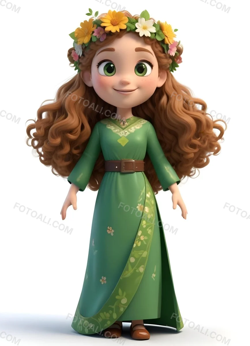 3d Model A Young Girl With Long Curly Brown Hair Adorned With A Floral Crown She Has Large Expressive Brown Eyes And A Cheerful Smile She Is Wearing A Long Green Dress With A White Belt And Floral Patterns Along The 84 59d8