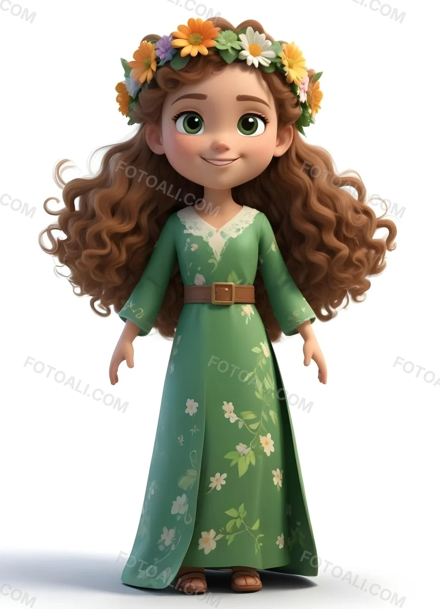 3d Model A Young Girl With Long Curly Brown Hair Adorned With A Floral Crown She Has Large Expressive Brown Eyes And A Cheerful Smile She Is Wearing A Long Green Dress With A White Belt And Floral Patterns Along The 85 0370