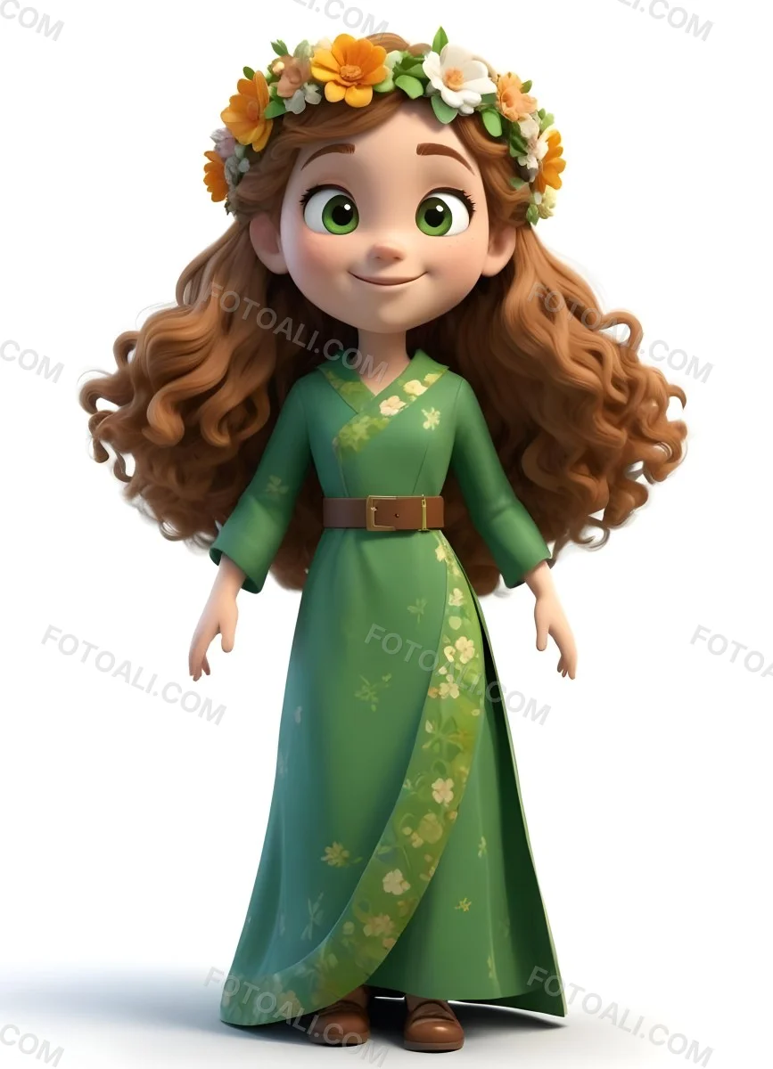 3d Model A Young Girl With Long Curly Brown Hair Adorned With A Floral Crown She Has Large Expressive Brown Eyes And A Cheerful Smile She Is Wearing A Long Green Dress With A White Belt And Floral Patterns Along The 86 501d