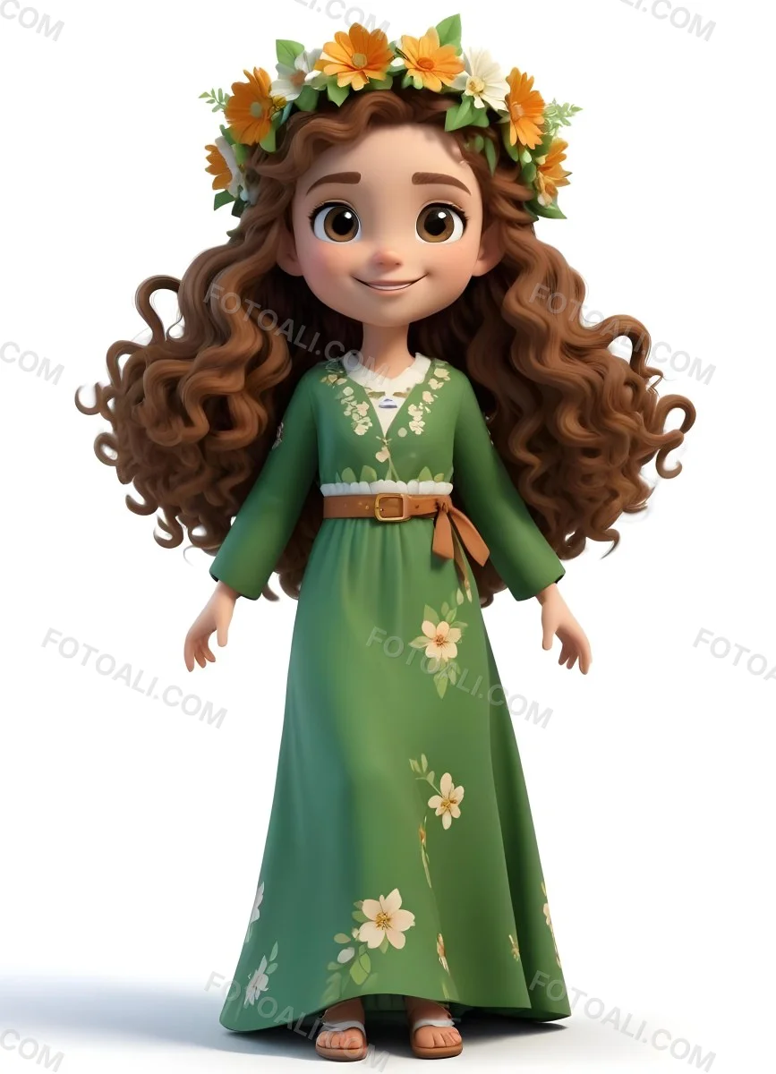 3d Model A Young Girl With Long Curly Brown Hair Adorned With A Floral Crown She Has Large Expressive Brown Eyes And A Cheerful Smile She Is Wearing A Long Green Dress With A White Belt And Floral Patterns Along The 87 F840
