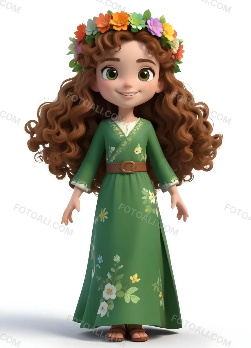 3d Model A Young Girl With Long Curly Brown Hair Adorned With A Floral Crown She Has Large Expressive Brown Eyes And A Cheerful Smile She Is Wearing A Long Green Dress With A White Belt And Floral Patterns Along The 88 7701
