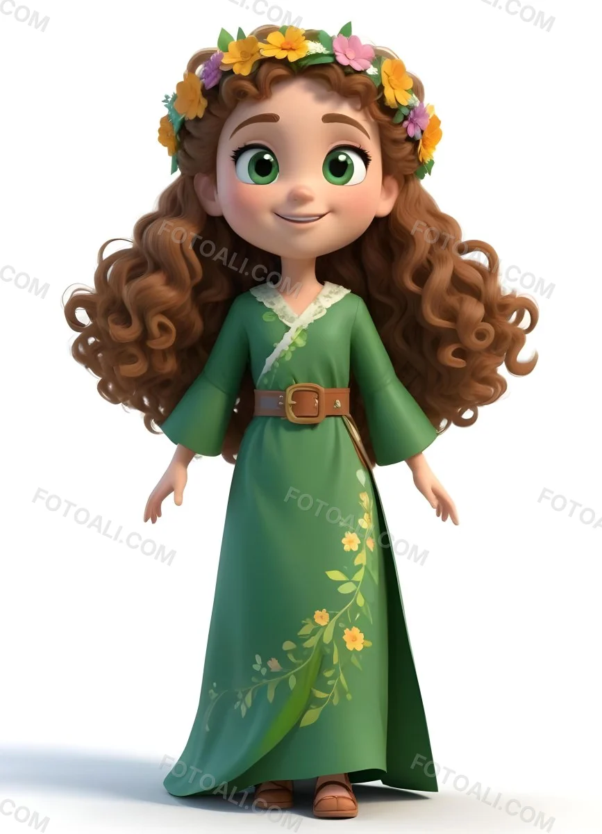 3d Model A Young Girl With Long Curly Brown Hair Adorned With A Floral Crown She Has Large Expressive Brown Eyes And A Cheerful Smile She Is Wearing A Long Green Dress With A White Belt And Floral Patterns Along The 89 34b5