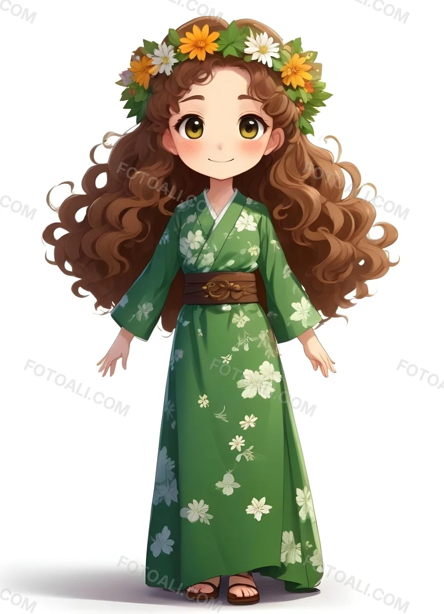 3d Model A Young Girl With Long Curly Brown Hair Adorned With A Floral Crown She Has Large Expressive Brown Eyes And A Cheerful Smile She Is Wearing A Long Green Dress With A White Belt And Floral Patterns Along The 9 6032