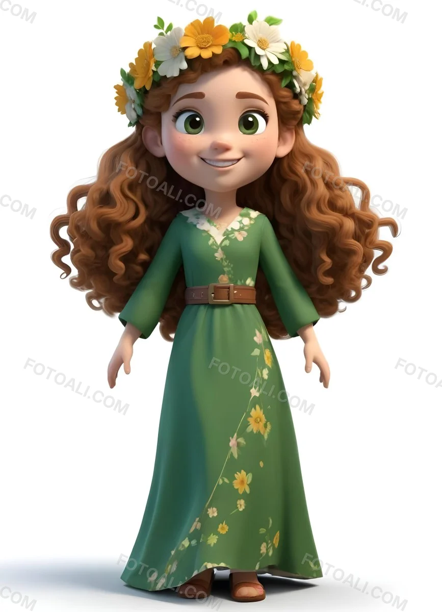 3d Model A Young Girl With Long Curly Brown Hair Adorned With A Floral Crown She Has Large Expressive Brown Eyes And A Cheerful Smile She Is Wearing A Long Green Dress With A White Belt And Floral Patterns Along The 91 C04f