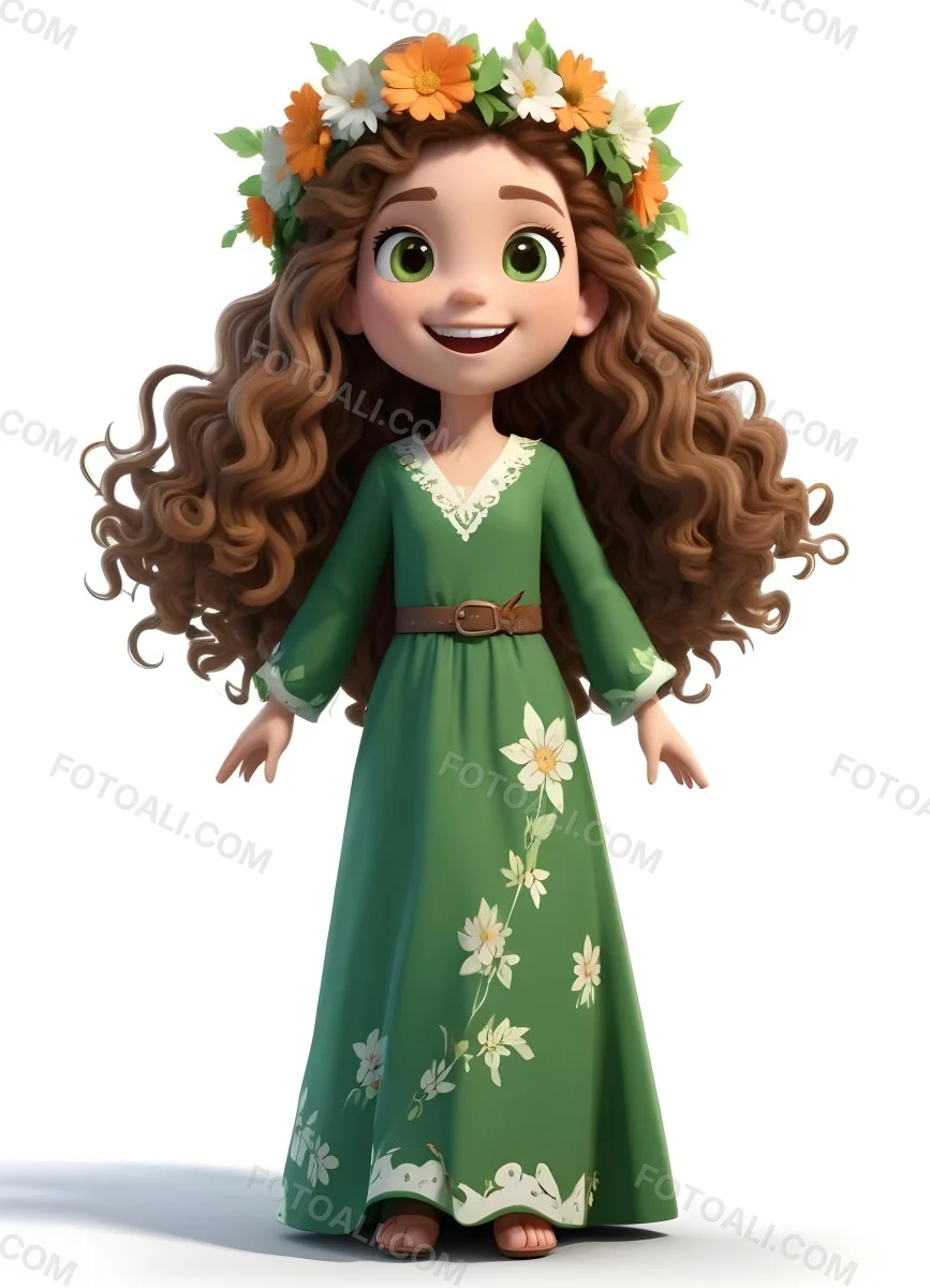 3d Model A Young Girl With Long Curly Brown Hair Adorned With A Floral Crown She Has Large Expressive Brown Eyes And A Cheerful Smile She Is Wearing A Long Green Dress With A White Belt And Floral Patterns Along The 92 276d