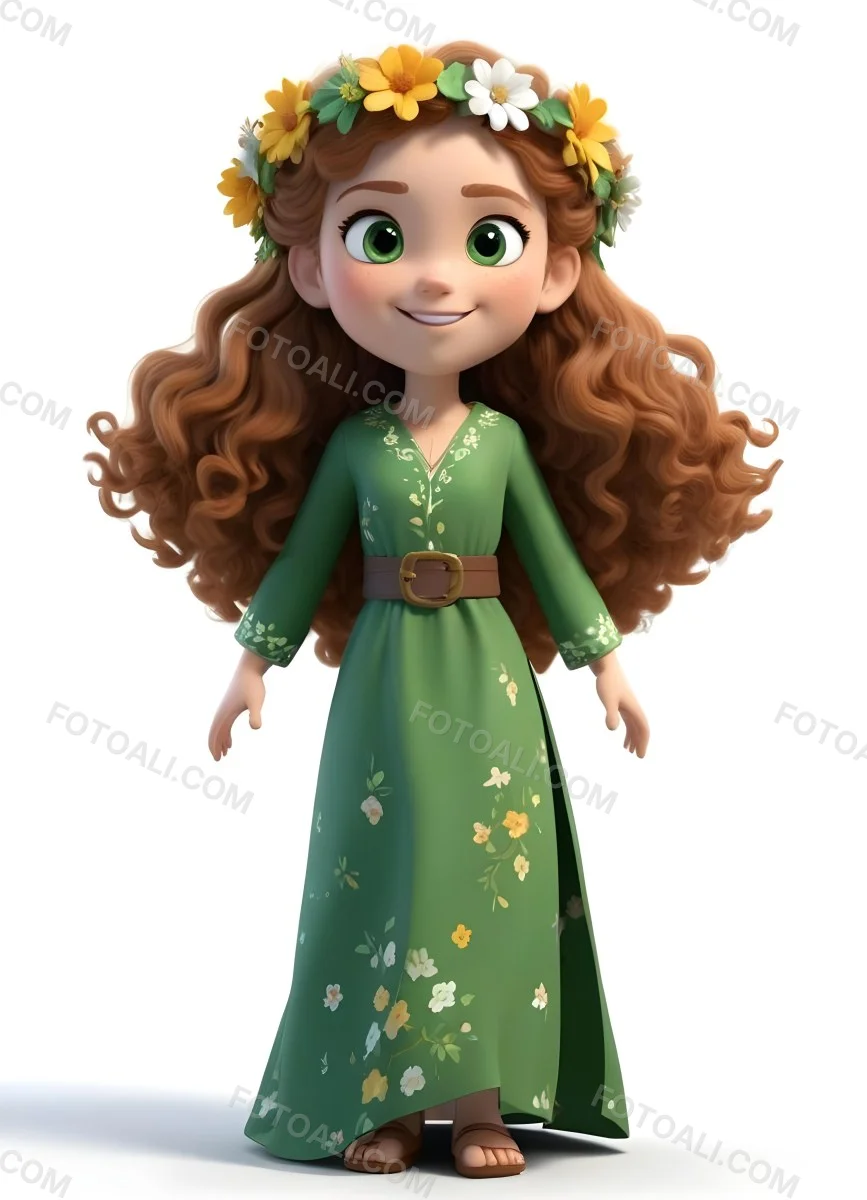 3d Model A Young Girl With Long Curly Brown Hair Adorned With A Floral Crown She Has Large Expressive Brown Eyes And A Cheerful Smile She Is Wearing A Long Green Dress With A White Belt And Floral Patterns Along The 93 2858