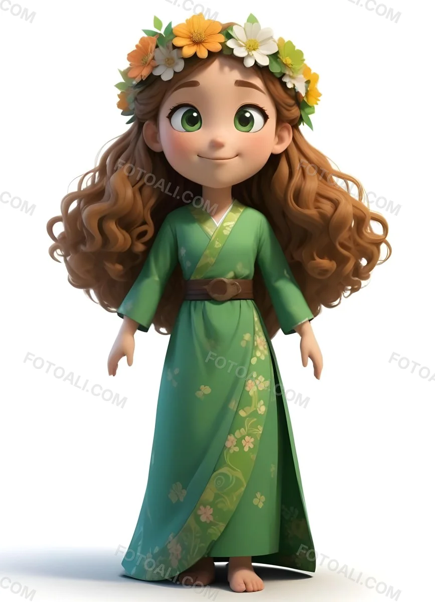 3d Model A Young Girl With Long Curly Brown Hair Adorned With A Floral Crown She Has Large Expressive Brown Eyes And A Cheerful Smile She Is Wearing A Long Green Dress With A White Belt And Floral Patterns Along The H 1 41db