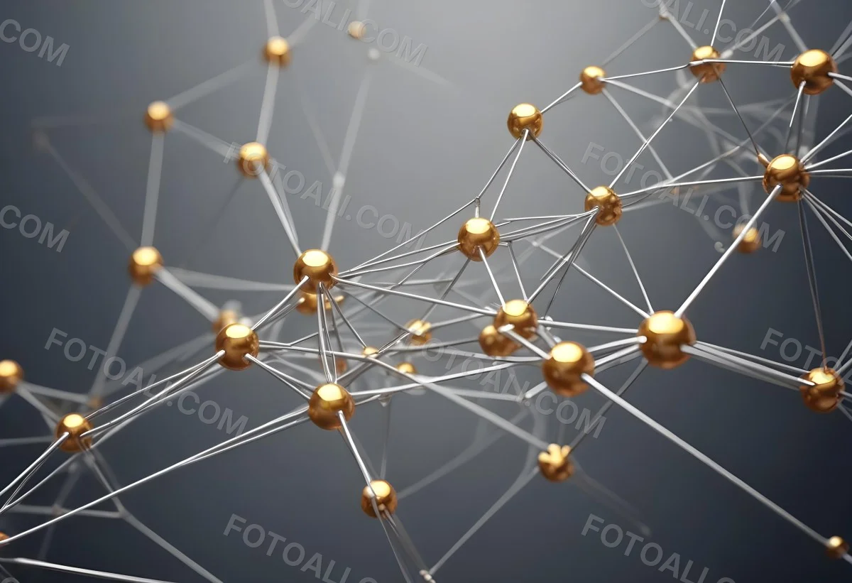 3d Model Abstract Network Of Interconnected Silver Lines With Golden Nodes Creating A Complex Web Like Structure Against A Blurred Gray Background Figure Octane Render Volumetric Highly Detailed Videogame Aestheti 3 4c52