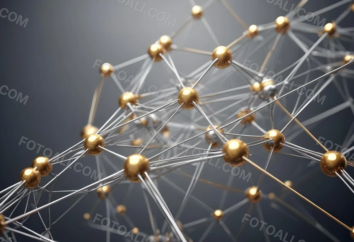 3d Model Abstract Network Of Interconnected Silver Lines With Golden Nodes Creating A Complex Web Like Structure Against A Blurred Gray Background Figure Octane Render Volumetric Highly Detailed Videogame Aestheti 33 9008