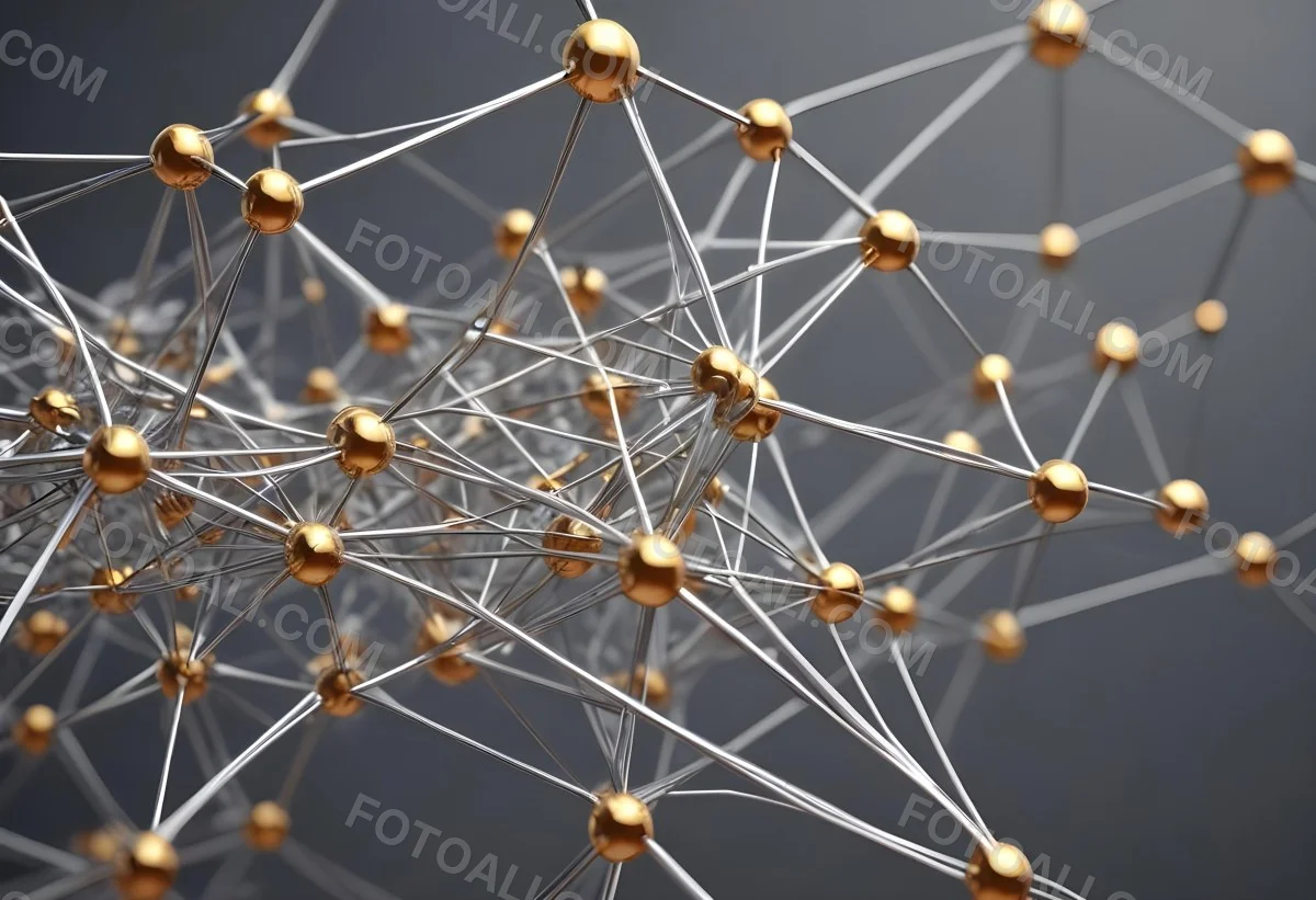3d Model Abstract Network Of Interconnected Silver Lines With Golden Nodes Creating A Complex Web Like Structure Against A Blurred Gray Background Figure Octane Render Volumetric Highly Detailed Videogame Aestheti 64 8512