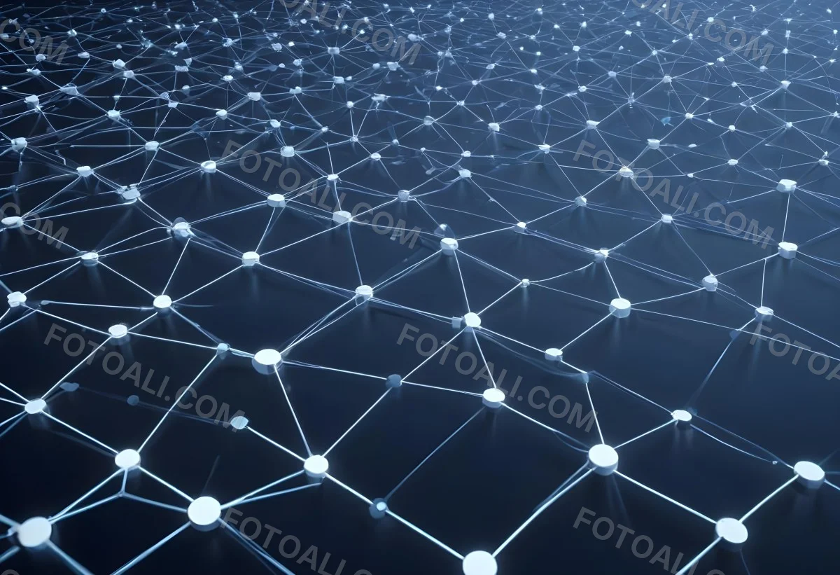 3d Model Abstract Network Of Interconnected White Lines And Dots Forming A Grid Like Structure Set Against A Gradient Background Transitioning From Dark Blue To Light Blue Figure Octane Render Volumetric Highly Det 10 6768