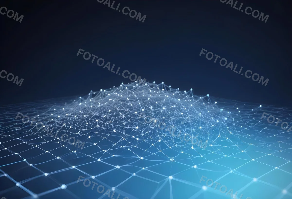 3d Model Abstract Network Of Interconnected White Lines And Dots Forming A Grid Like Structure Set Against A Gradient Background Transitioning From Dark Blue To Light Blue Figure Octane Render Volumetric Highly Det 5 5b66