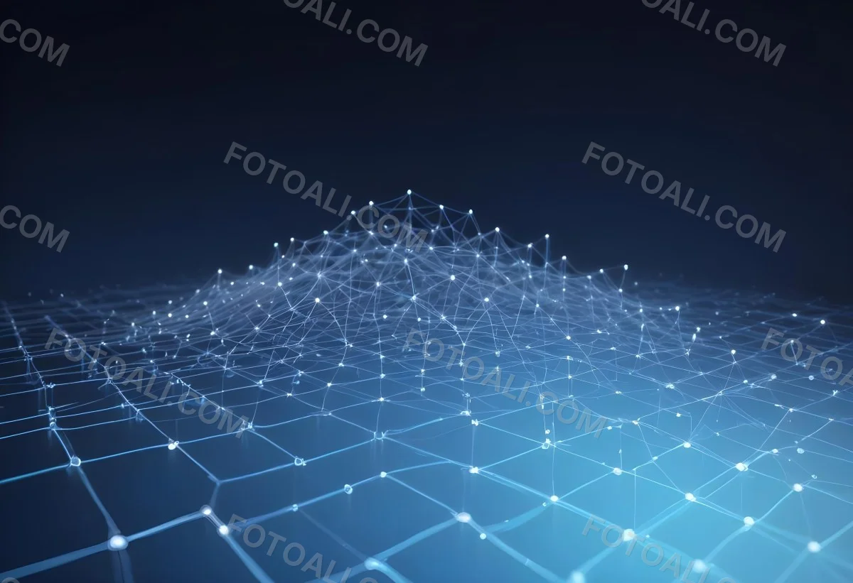 3d Model Abstract Network Of Interconnected White Lines And Dots Forming A Grid Like Structure Set Against A Gradient Background Transitioning From Dark Blue To Light Blue Figure Octane Render Volumetric Highly Det 8 0953