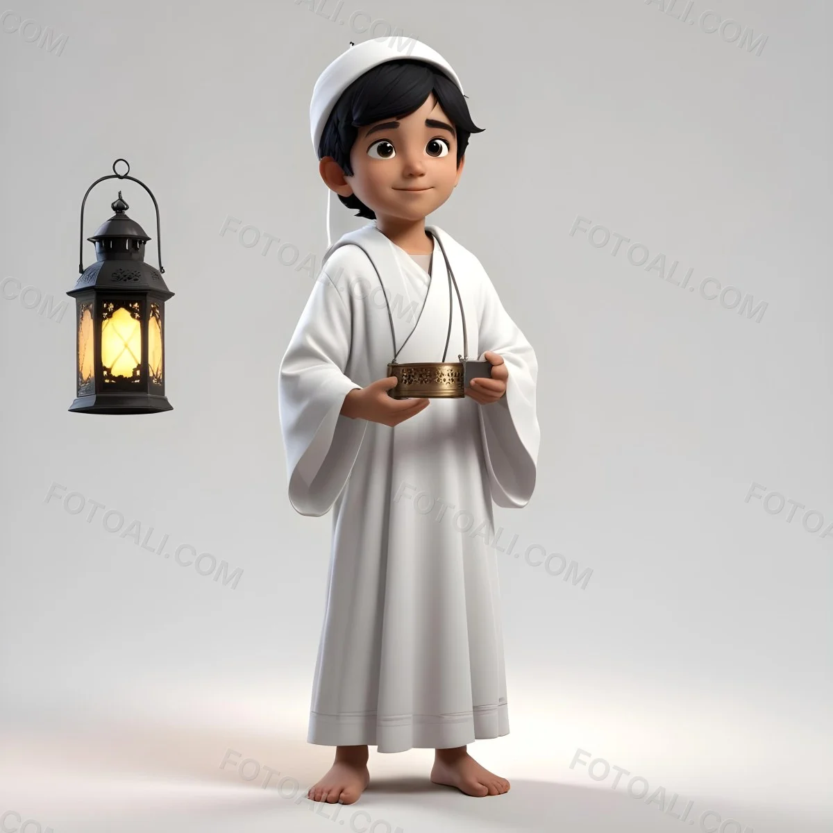 3d Model An Arab Boy Age 6 Black Hair Holding A Ramadan Lantern Wearing A White Robe And A White Cap White Background Figure Octane Render Volumetric Highly Detailed Videogame Aesthetic 1 050d