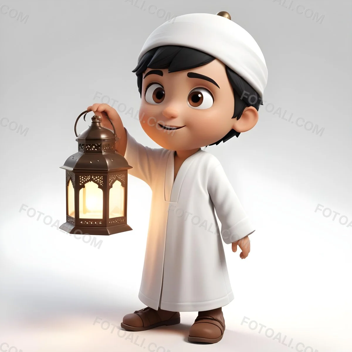 3d Model An Arab Boy Age 6 Black Hair Holding A Ramadan Lantern Wearing A White Robe And A White Cap White Background Figure Octane Render Volumetric Highly Detailed Videogame Aesthetic 10 A36f