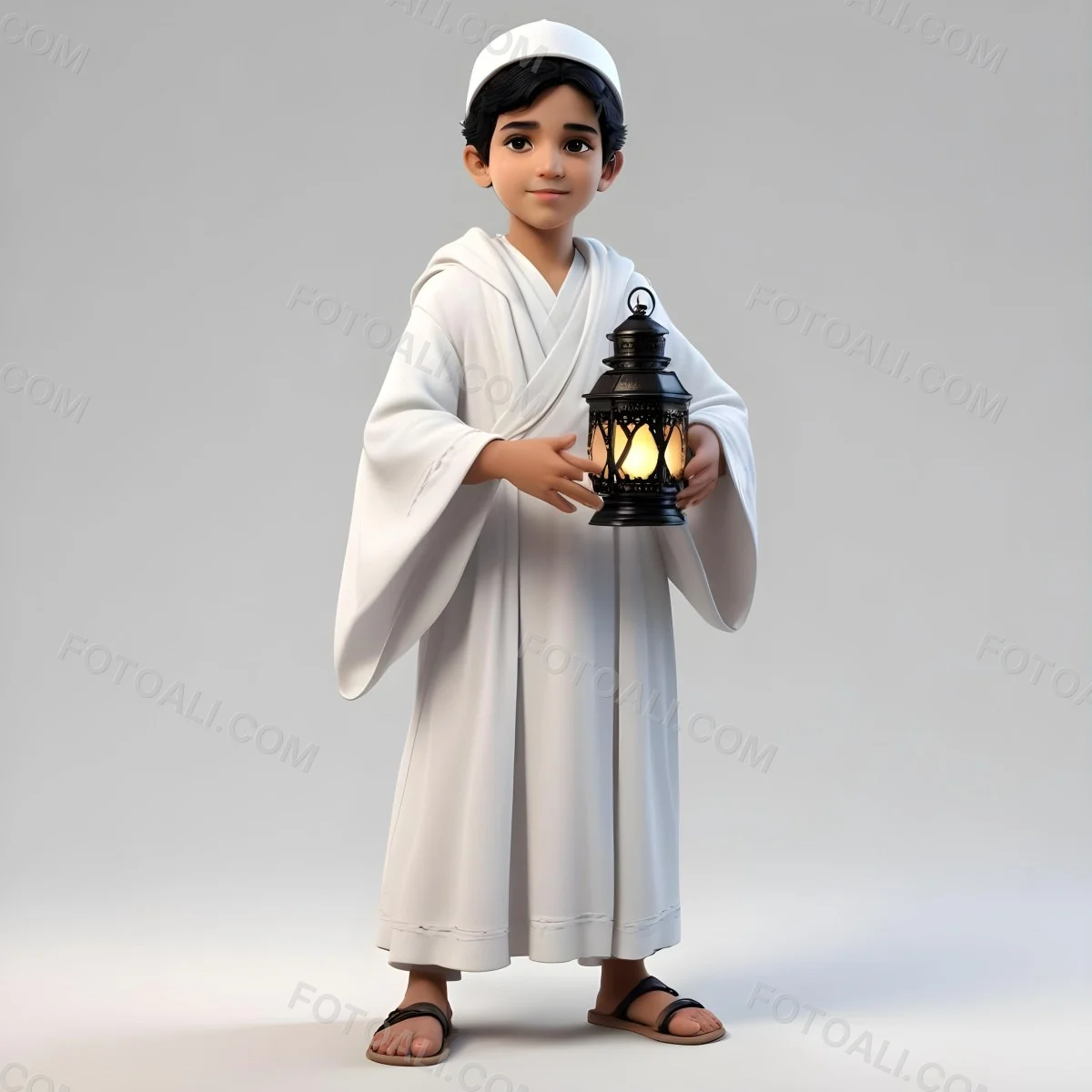 3d Model An Arab Boy Age 6 Black Hair Holding A Ramadan Lantern Wearing A White Robe And A White Cap White Background Figure Octane Render Volumetric Highly Detailed Videogame Aesthetic 7 37ea