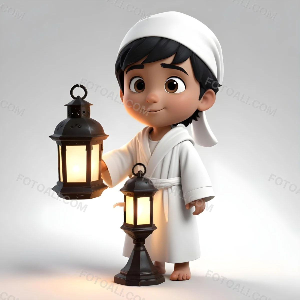 3d Model An Arab Boy Age 6 Black Hair Holding A Ramadan Lantern Wearing A White Robe And A White Cap White Background Figure Octane Render Volumetric Highly Detailed Videogame Aesthetic 8 6520