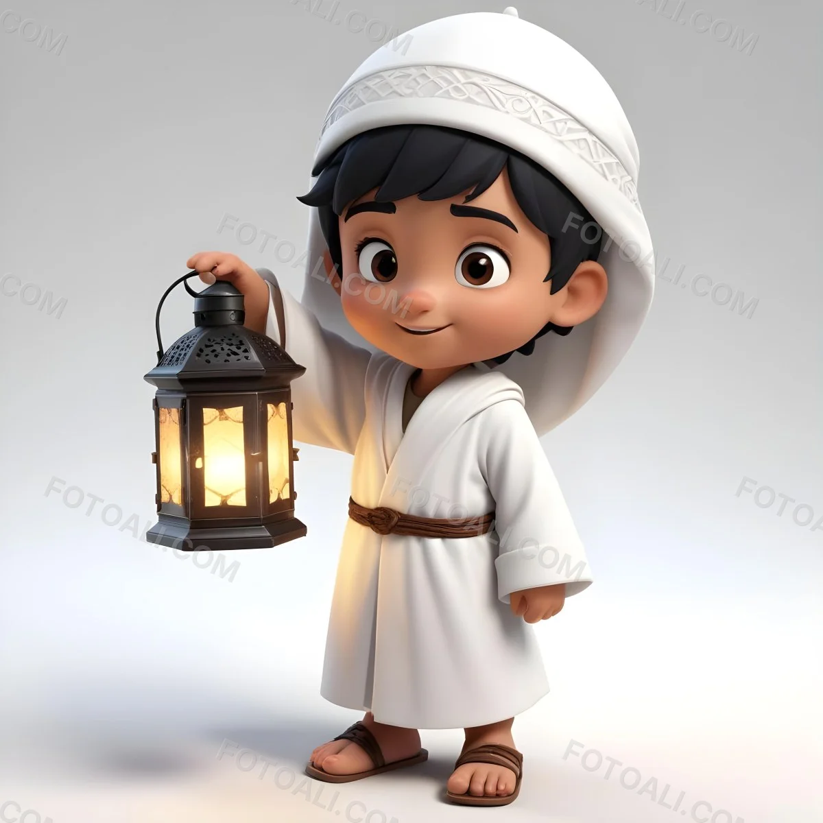 3d Model An Arab Boy Age 6 Black Hair Holding A Ramadan Lantern Wearing A White Robe And A White Cap White Background Figure Octane Render Volumetric Highly Detailed Videogame Aesthetic 9 Db22