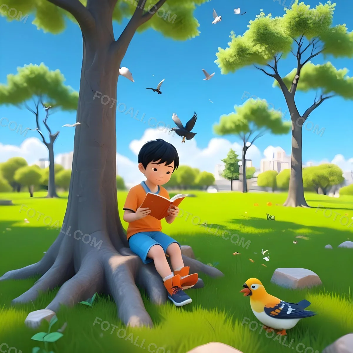 3d Model An Asian Boy 7 Years Old Black Hair Reading A Book Under A Tree A Bird Flying Around In A Park Figure Octane Render Volumetric Highly Detailed Videogame Aesthetic 7 E82d Fb3f