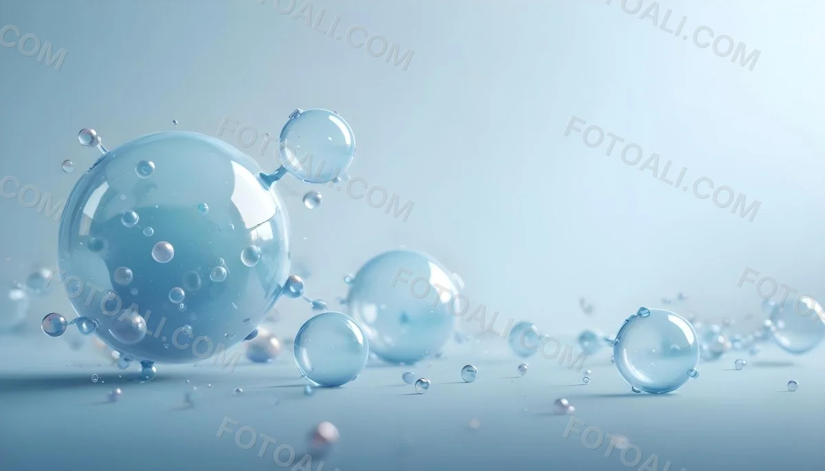 3d Model Bubbles With Molecules Inside Light Blue Background With Blurred Lights And Abstract Shapes Figure Octane Render Volumetric Highly Detailed Videogame Aesthetic 10 C500