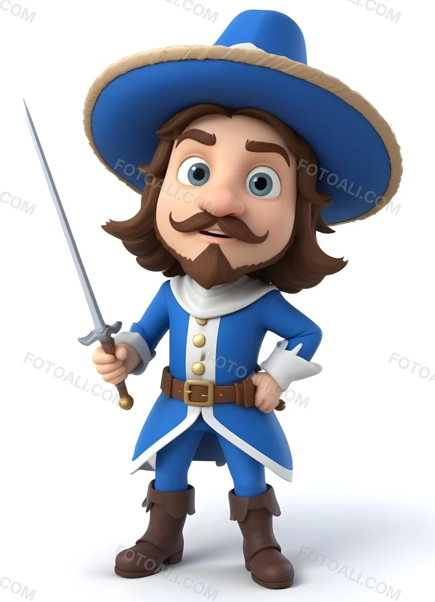 3d Model Cartoon Of A White Man 30 Years Old With Brown Hair Mustache And Goatee Wearing A White Musketeer Suit And Hat Holding A Sword White Background Figure Octane Render Volumetric Highly Detailed Videoga 11 Ada8