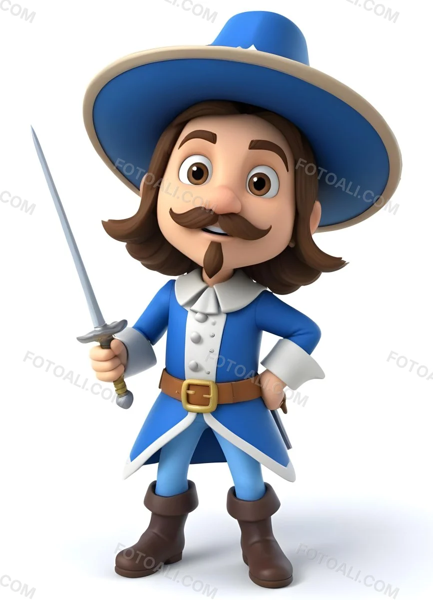 3d Model Cartoon Of A White Man 30 Years Old With Brown Hair Mustache And Goatee Wearing A White Musketeer Suit And Hat Holding A Sword White Background Figure Octane Render Volumetric Highly Detailed Videoga 12 D35b
