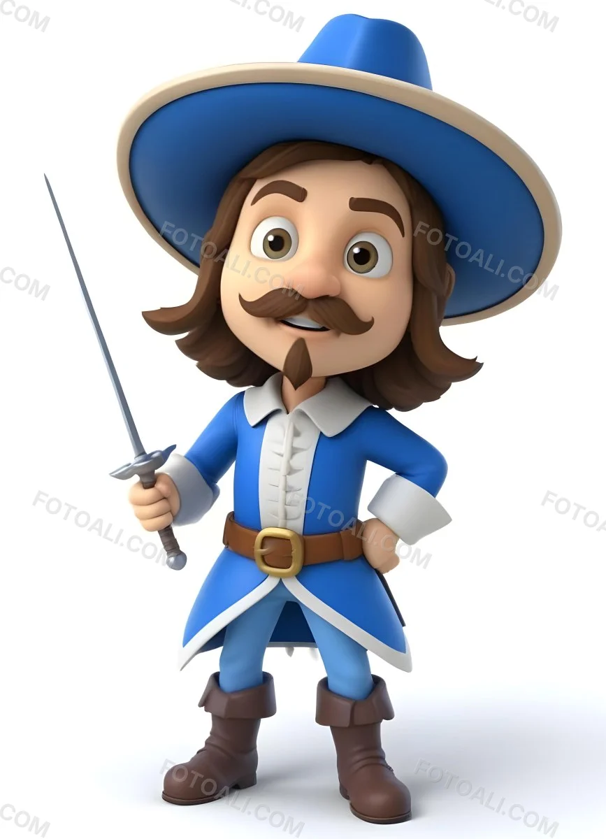 3d Model Cartoon Of A White Man 30 Years Old With Brown Hair Mustache And Goatee Wearing A White Musketeer Suit And Hat Holding A Sword White Background Figure Octane Render Volumetric Highly Detailed Videoga 13 29c0