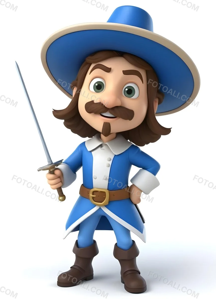 3d Model Cartoon Of A White Man 30 Years Old With Brown Hair Mustache And Goatee Wearing A White Musketeer Suit And Hat Holding A Sword White Background Figure Octane Render Volumetric Highly Detailed Videoga 14 0e1b