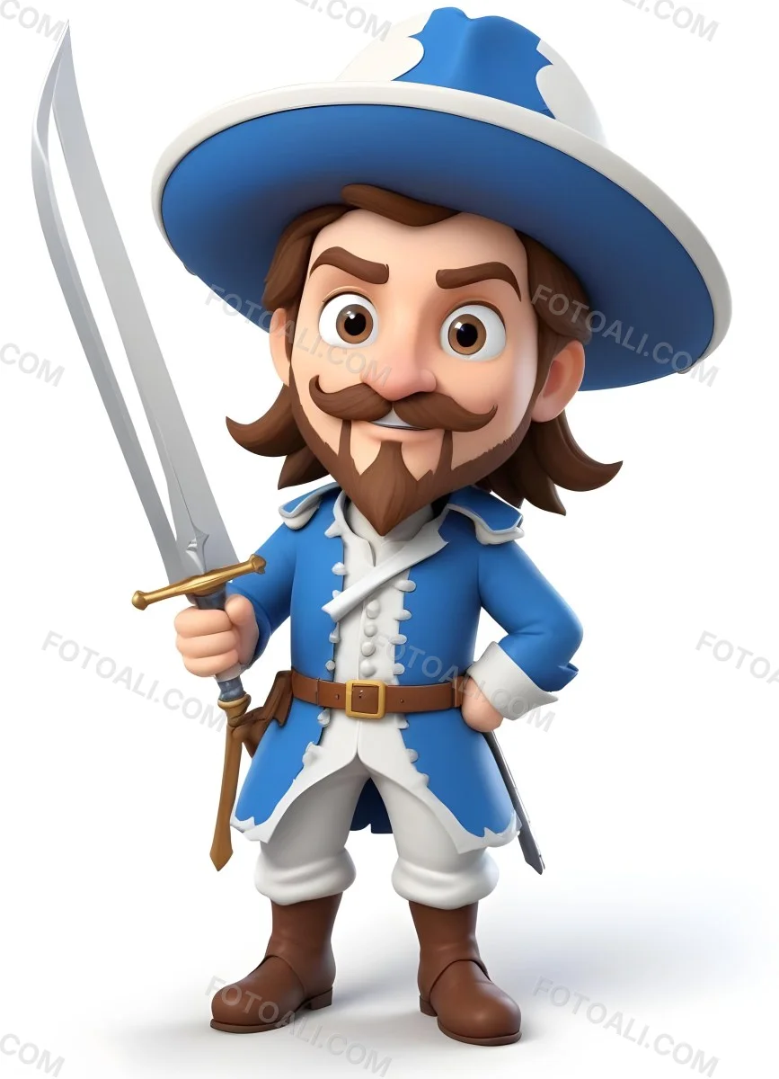 3d Model Cartoon Of A White Man 30 Years Old With Brown Hair Mustache And Goatee Wearing A White Musketeer Suit And Hat Holding A Sword White Background Figure Octane Render Volumetric Highly Detailed Videoga 4 5540