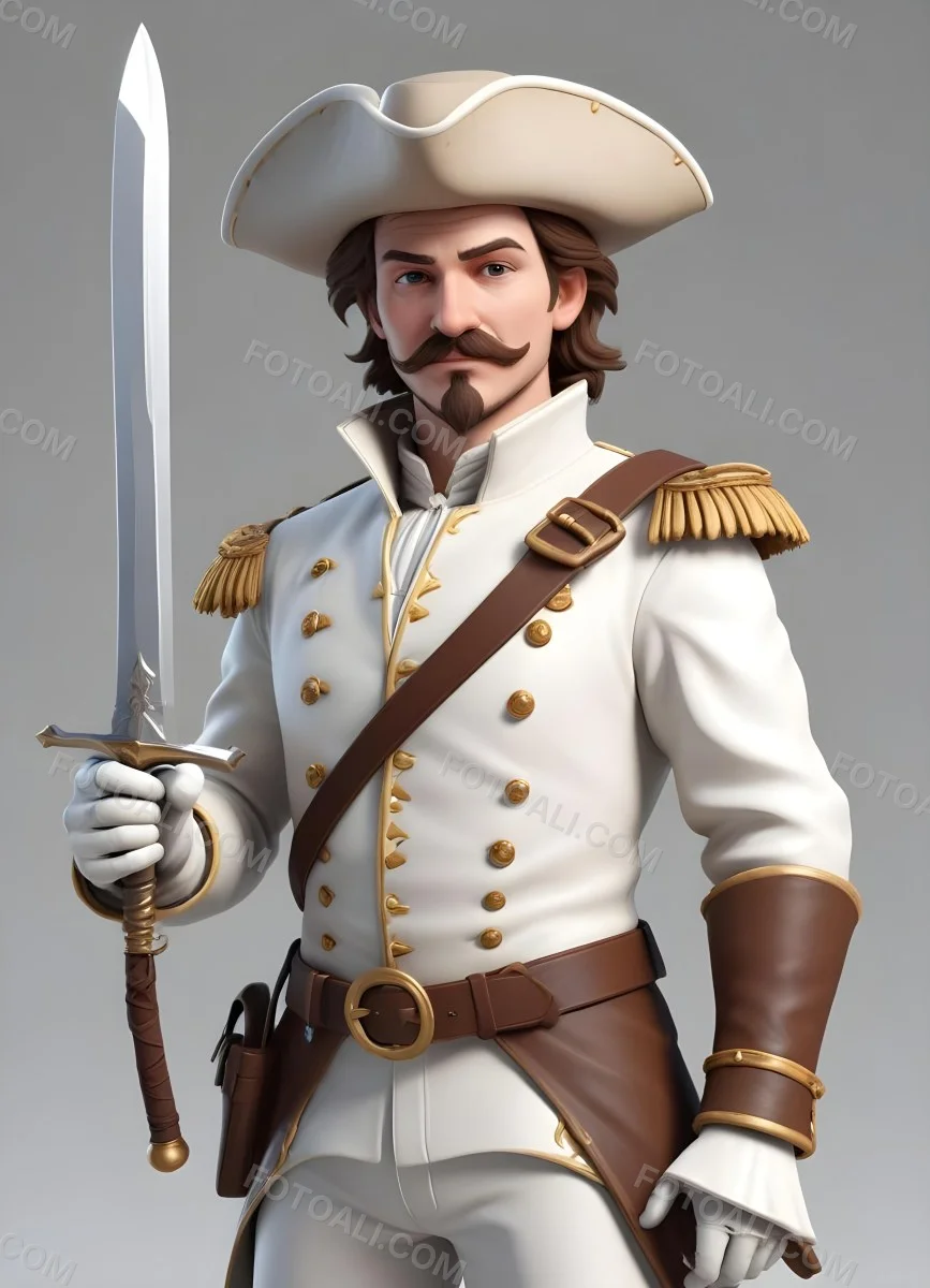 3d Model Cartoon Of A White Man 30 Years Old With Brown Hair Mustache And Goatee Wearing A White Musketeer Suit And Hat Holding A Sword White Background Figure Octane Render Volumetric Highly Detailed Videoga 5 6f91