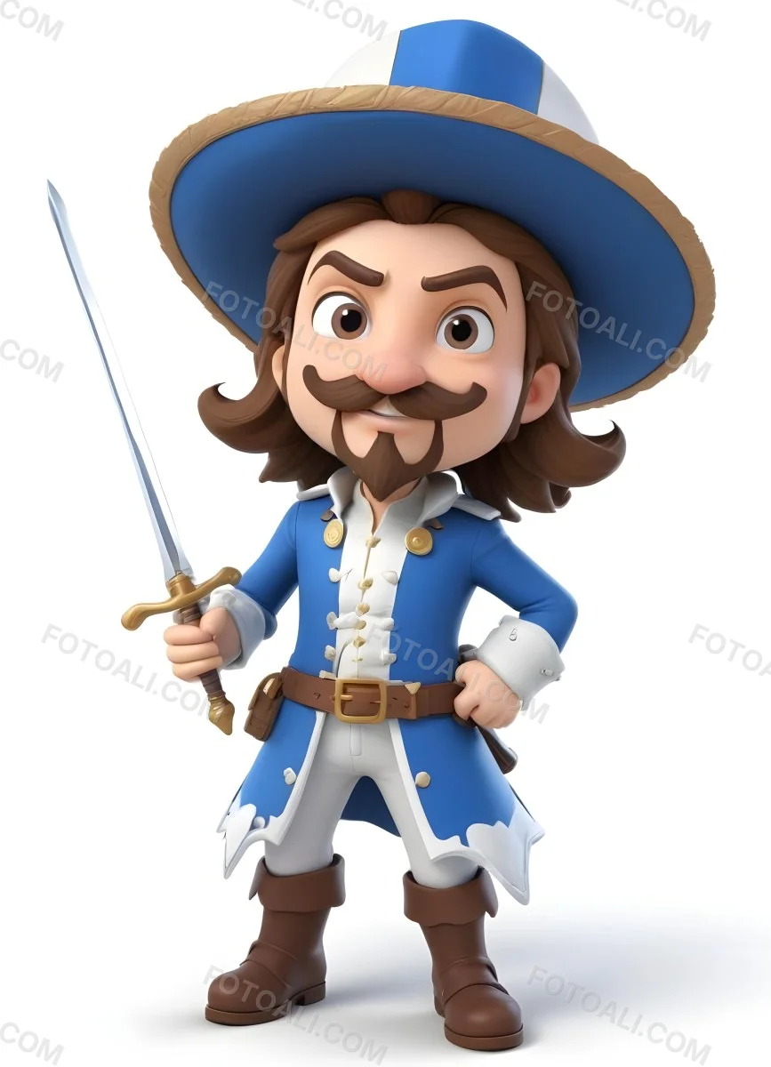 3d Model Cartoon Of A White Man 30 Years Old With Brown Hair Mustache And Goatee Wearing A White Musketeer Suit And Hat Holding A Sword White Background Figure Octane Render Volumetric Highly Detailed Videoga 6 18a8