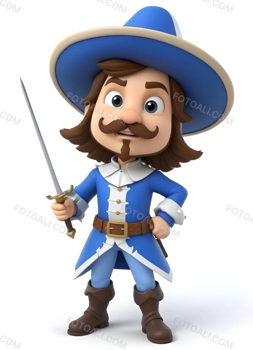 3d Model Cartoon Of A White Man 30 Years Old With Brown Hair Mustache And Goatee Wearing A White Musketeer Suit And Hat Holding A Sword White Background Figure Octane Render Volumetric Highly Detailed Videoga 7 2026