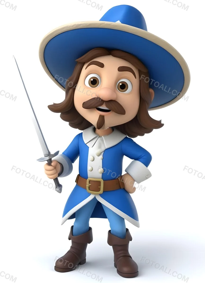 3d Model Cartoon Of A White Man 30 Years Old With Brown Hair Mustache And Goatee Wearing A White Musketeer Suit And Hat Holding A Sword White Background Figure Octane Render Volumetric Highly Detailed Videoga 8 675e
