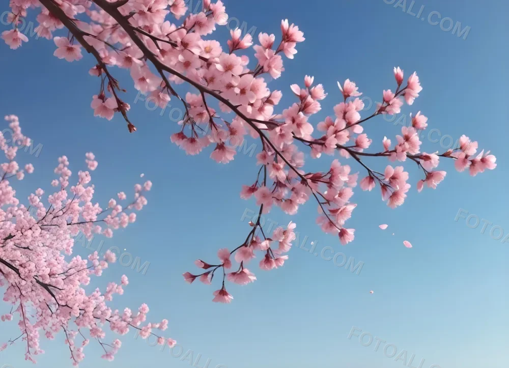 3d Model Cherry Blossom Branches With Pink Flowers And Falling Petals Against A Gradient Blue Sky Background Creating A Soft And Spring Like Atmosphere Figure Octane Render Volumetric Highly Detailed Videogame Aesth 4 22c9