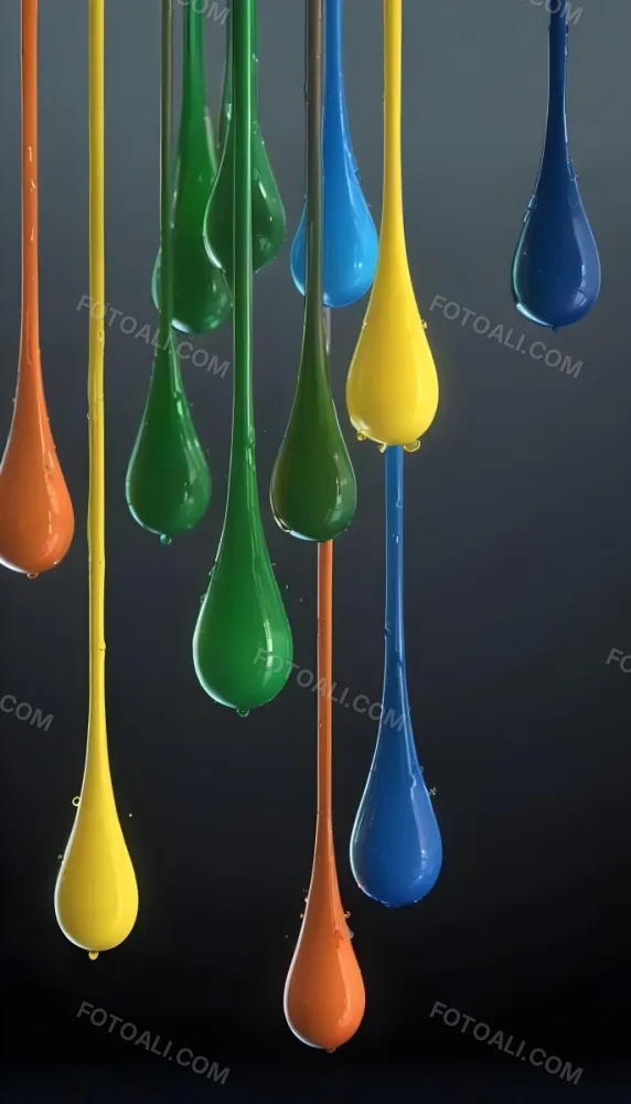 3d Model Colorful Glossy Liquid Drops Hanging From The Ceiling Vibrant Hues Of Blue Green Gray And Orange Smooth And Reflective Surfaces Minimalist Composition Dark Gray Background Figure Octane Render Volu 20 4ebb