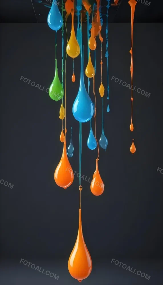 3d Model Colorful Glossy Liquid Drops Hanging From The Ceiling Vibrant Hues Of Blue Green Gray And Orange Smooth And Reflective Surfaces Minimalist Composition Dark Gray Background Figure Octane Render Volu 6 0769