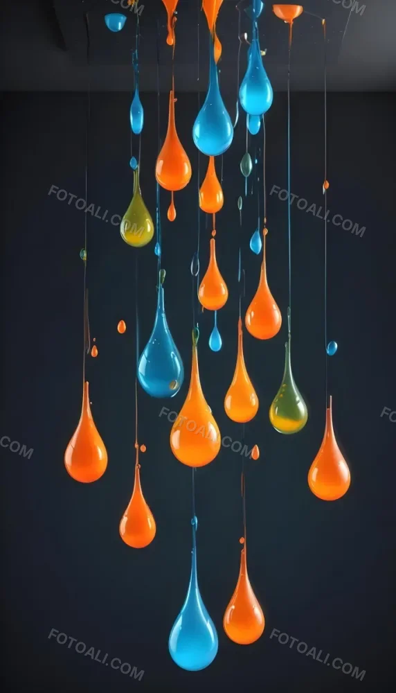 3d Model Colorful Glossy Liquid Drops Hanging From The Ceiling Vibrant Hues Of Blue Green Gray And Orange Smooth And Reflective Surfaces Minimalist Composition Dark Gray Background Figure Octane Render Volu 8 9279
