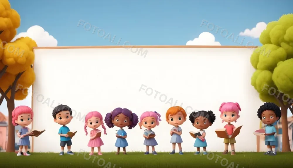 3d Model Eight Children Standing In A Line Varying In Age From Around 5 To 8 Years Old They Include A Girl With Light Skin And Blue Hair Holding A Book A Boy With Pink Hair In Pigtails Wearing A Pink Dress A Girl 4 D79c