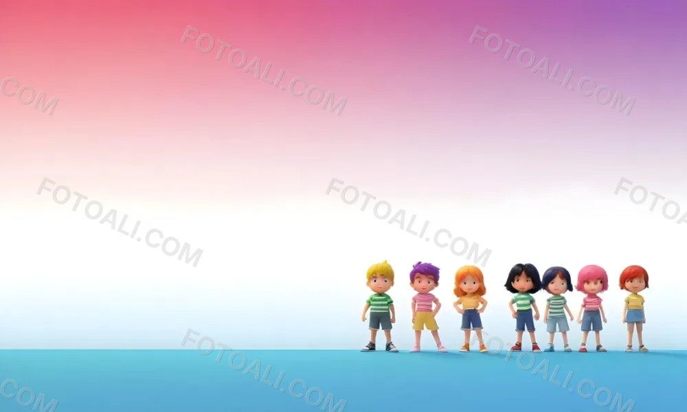 3d Model Four Cartoon Children Standing In A Row From Left To Right A Boy With Purple Hair Wearing A Green And White Striped Shirt And Brown Shorts A Boy With Black Hair Wearing A Yellow Shirt And Blue Shorts A Girl 1 104e