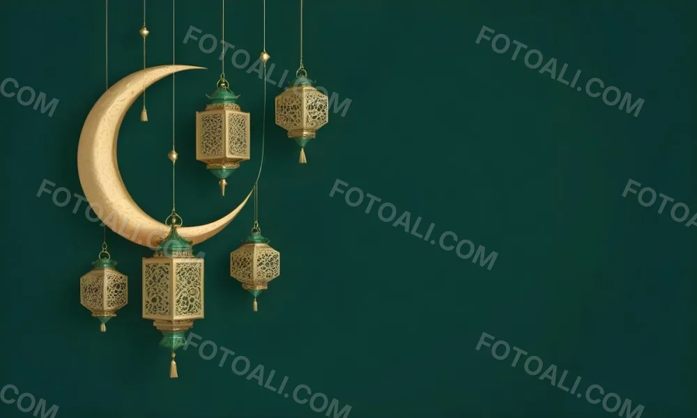 3d Model Golden Crescent Moon And Hanging Ornamental Lanterns With Intricate Geometric Patterns Against A Dark Green Background Evoking A Festive And Elegant Atmosphere Figure Octane Render Volumetric Highly Detail 12 C1fa